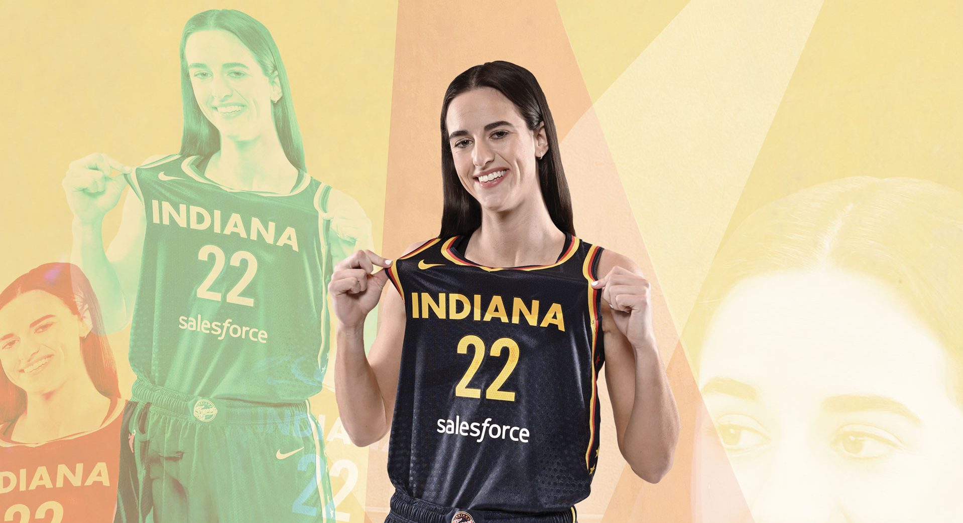 A composite photo of Caitlin Clark in her Indiana Fever jersey superimposed over an image of Gainbridge Fieldhouse.